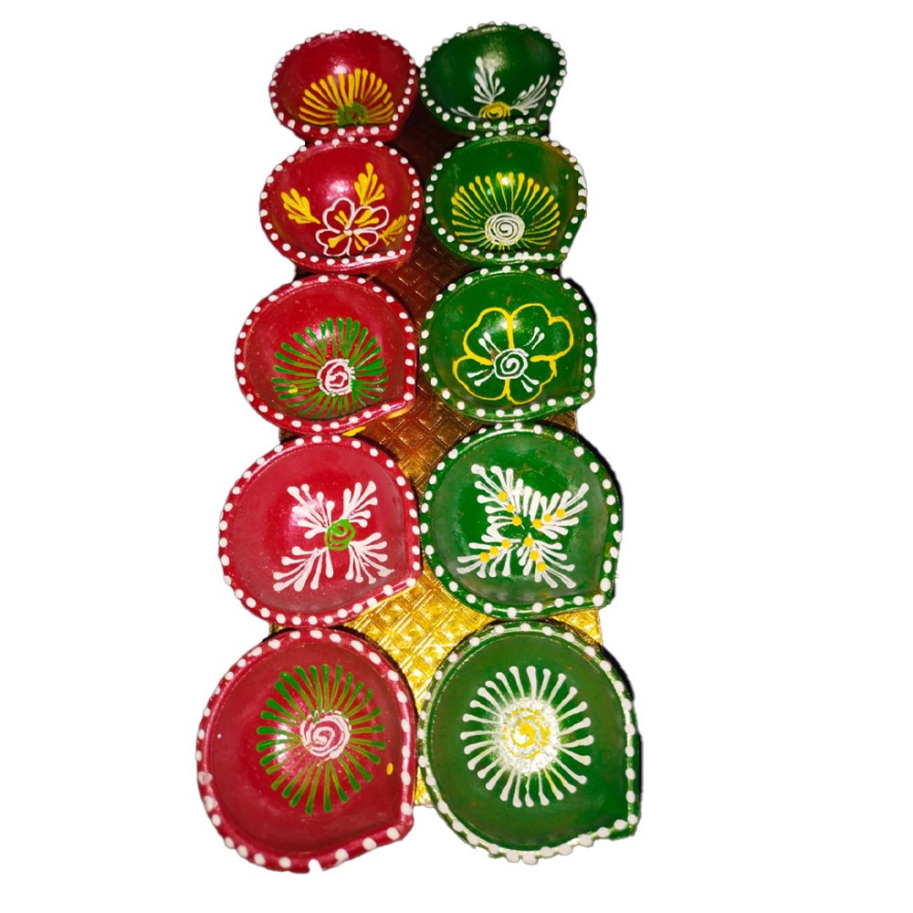 Designer Diya - Red and green - Set of 10